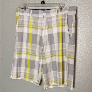 Gray and Yellow Flat Front Shorts with Plaid Design